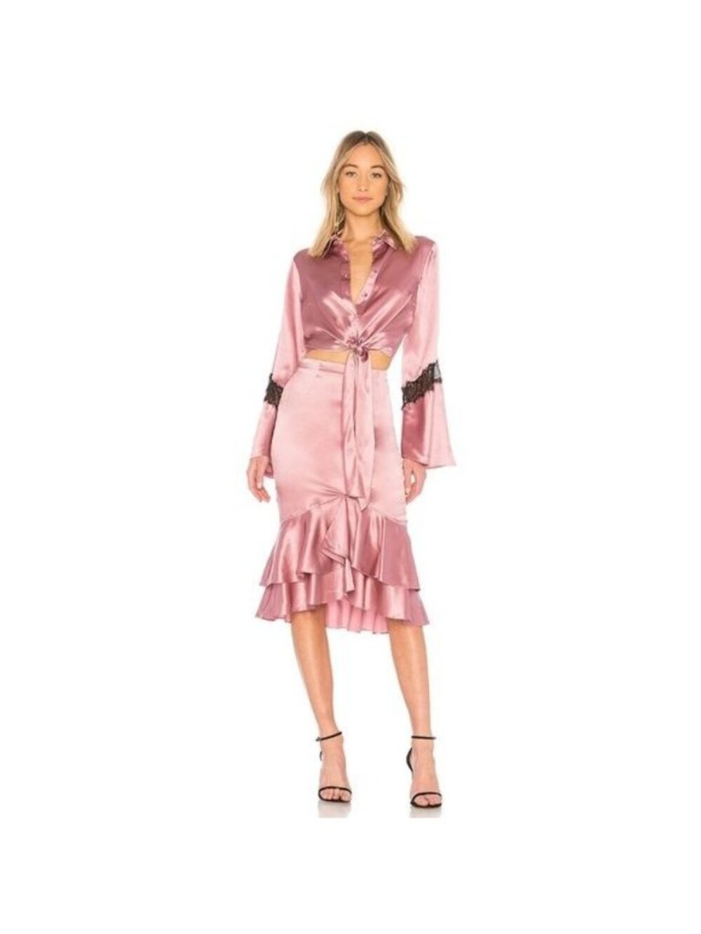 Cinq À Sept Pink Satin Button-Up Cropped Top Shirt Lace Trim Small New with tag